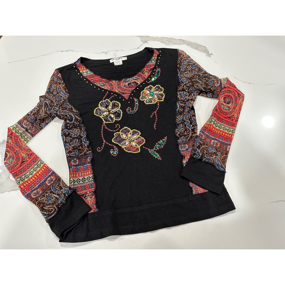 VTG MARILU Womens Black Embellished Floral Long‎ Sleeve Top Size M